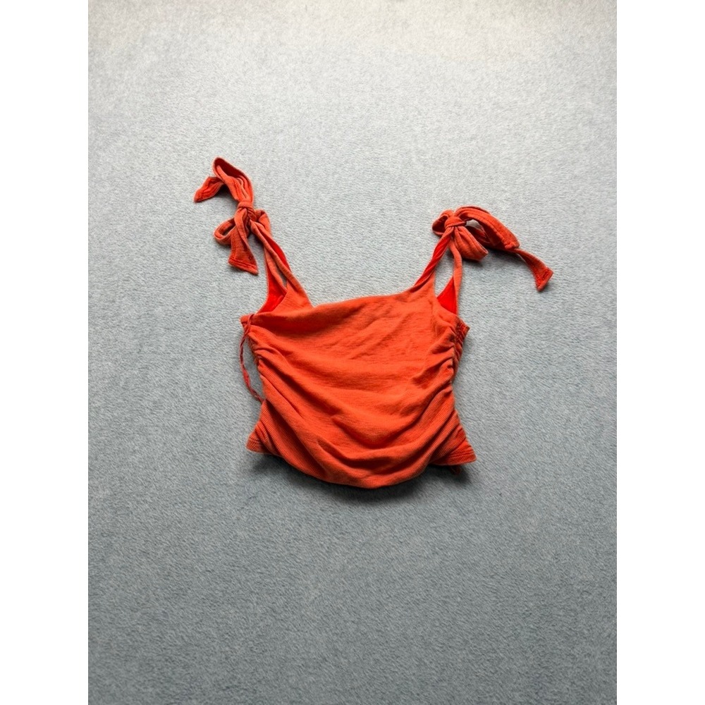 Free People Womens Orange Ruched Tie Strap Tank Top Sleeveless Square Neck